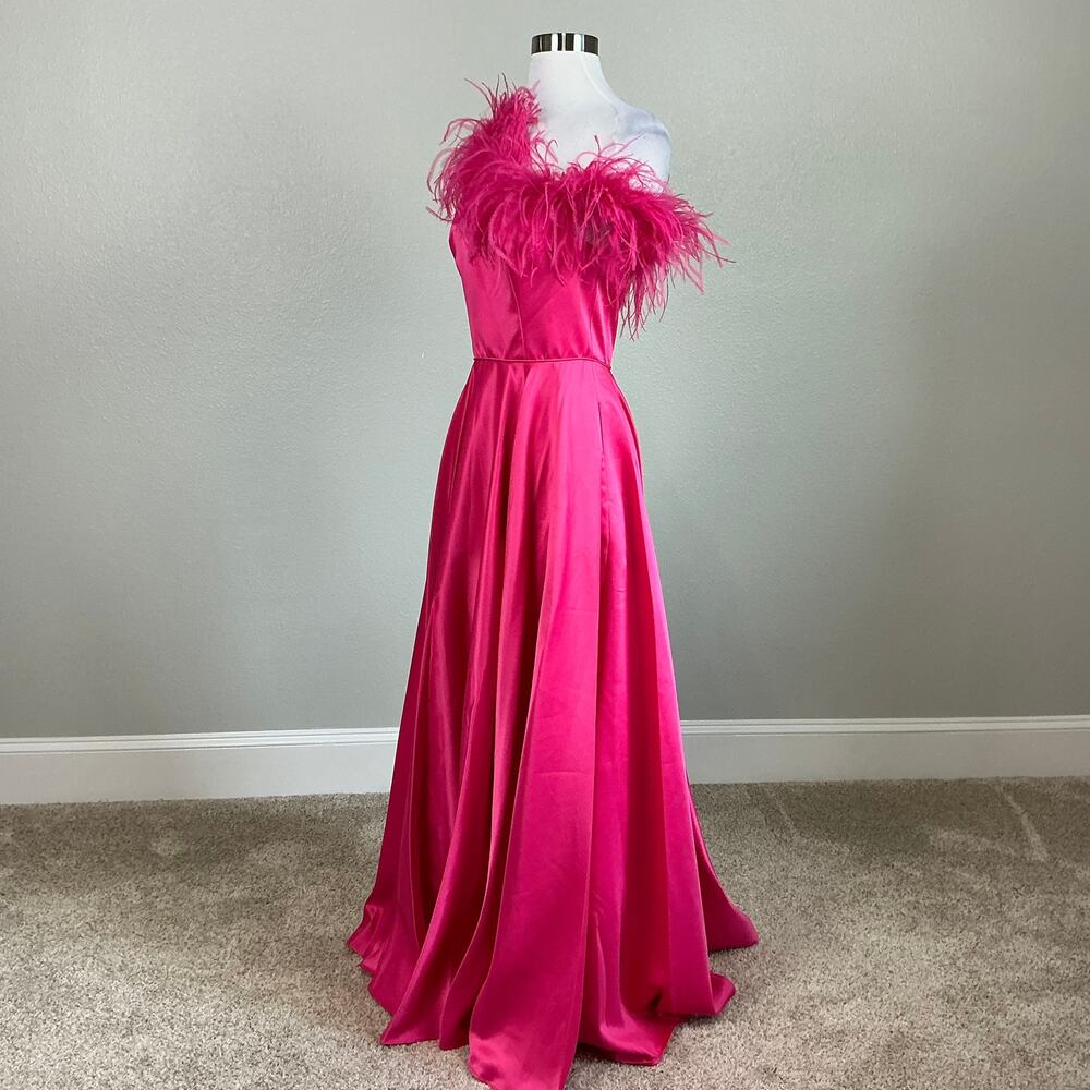 Mac Duggal 11684 Pink Evening Gown Satin One Shoulder Feather Trim Dress Size 4 - Picture 5 of 11
